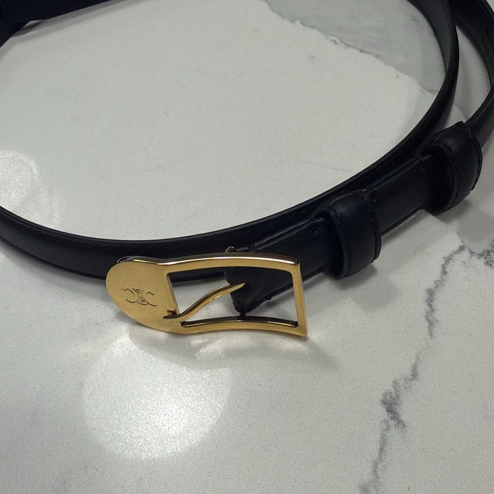 Celine Black Leather Belt with Gold-Tone Signature Buckle